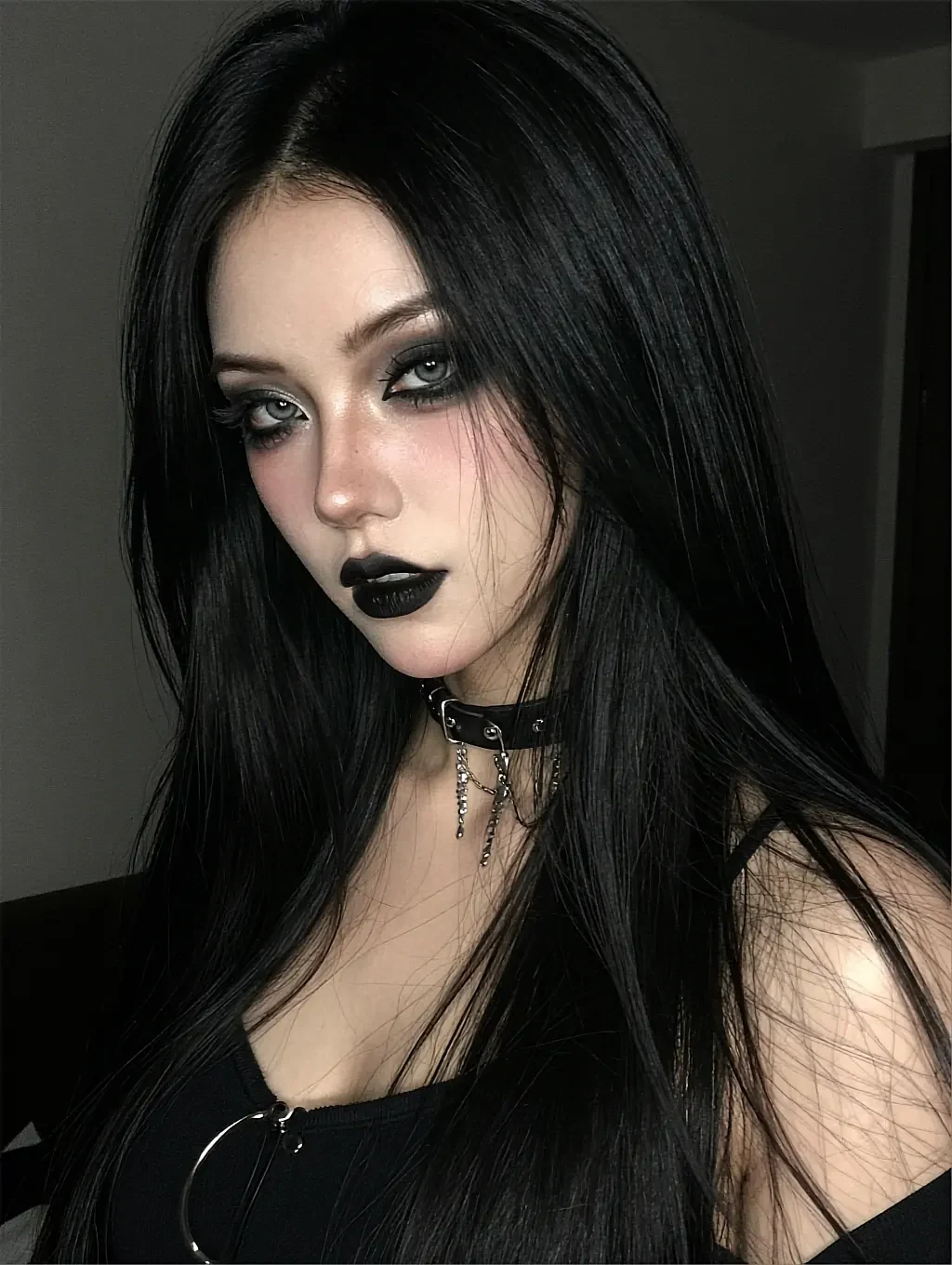Lena — fictional AI character with black lipstick and a choker, dressed all in black