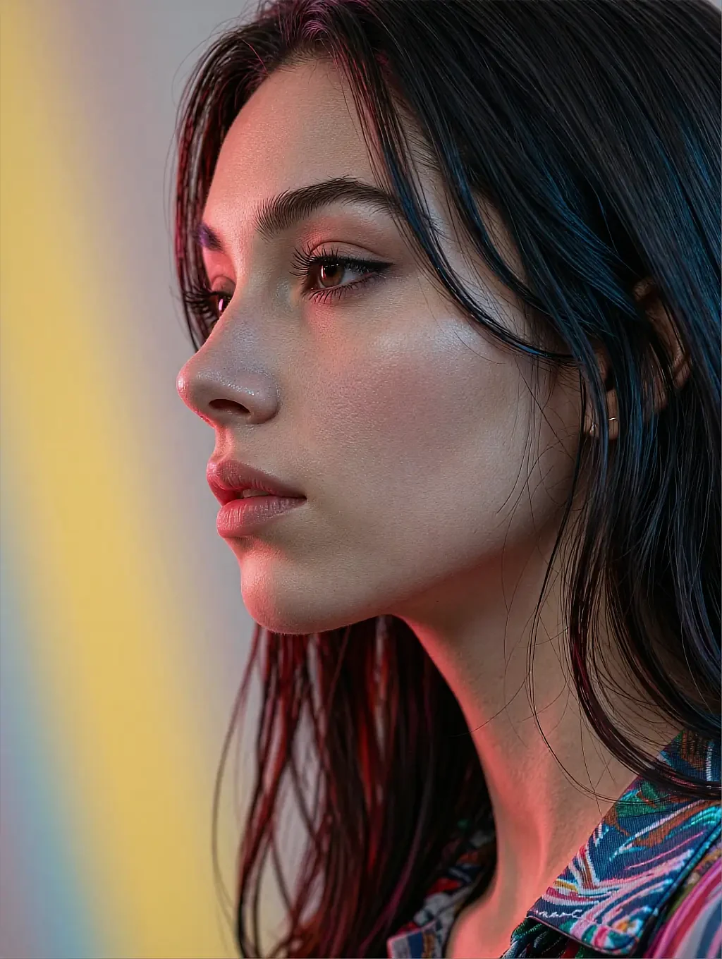 Ruby — fictional AI character in close profile, lit by mixed neon colours